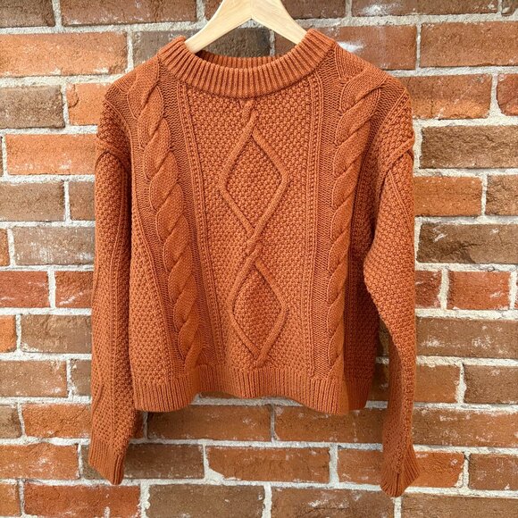 Quince 100% Organic Cotton Cropped Cable Knit Crew Neck Sweater XS Ginger - Picture 1 of 7